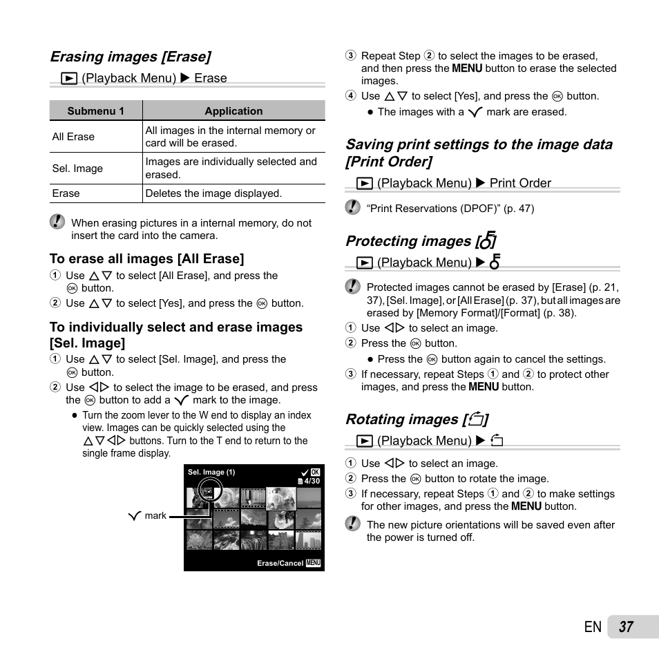 37 en, Erasing images [erase, Protecting images [ protecting images [ r r | Rotating images [ rotating images [ y y | Olympus VG-170 User Manual | Page 37 / 71