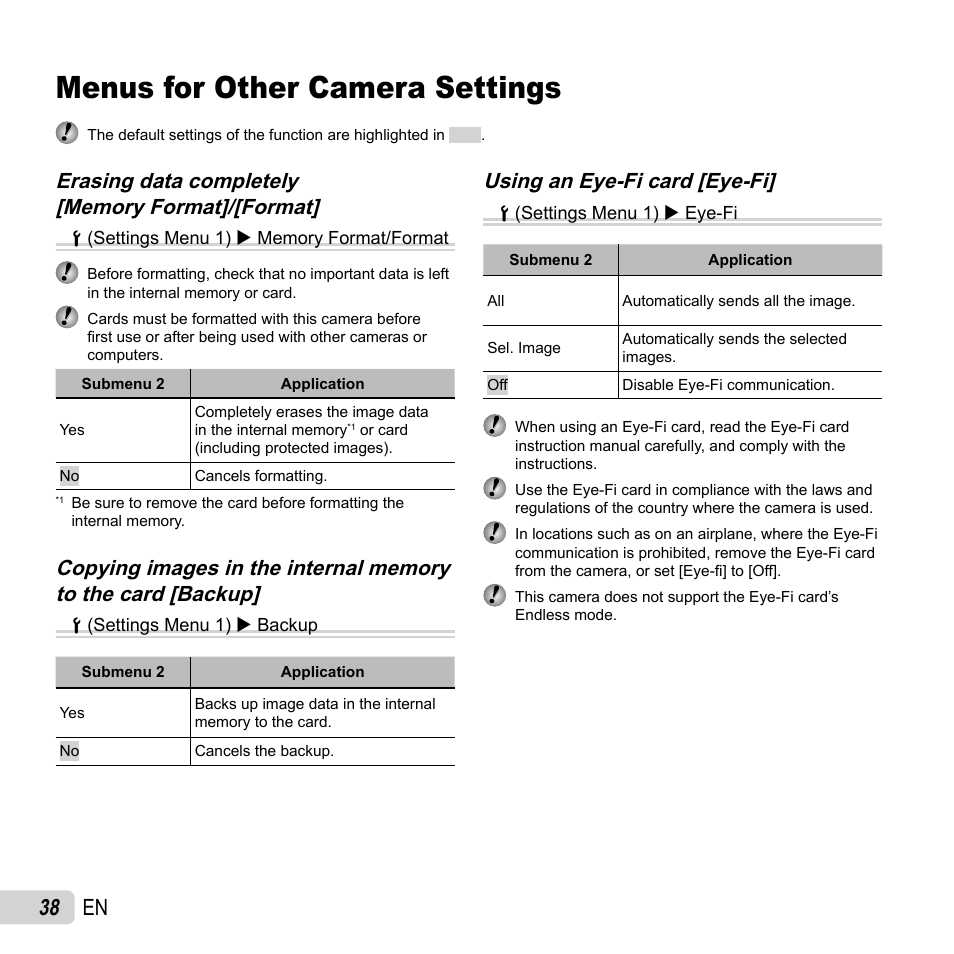 Menus for other camera settings, 38 en, Using an eye-fi card [eye-fi | Olympus VG-170 User Manual | Page 38 / 71