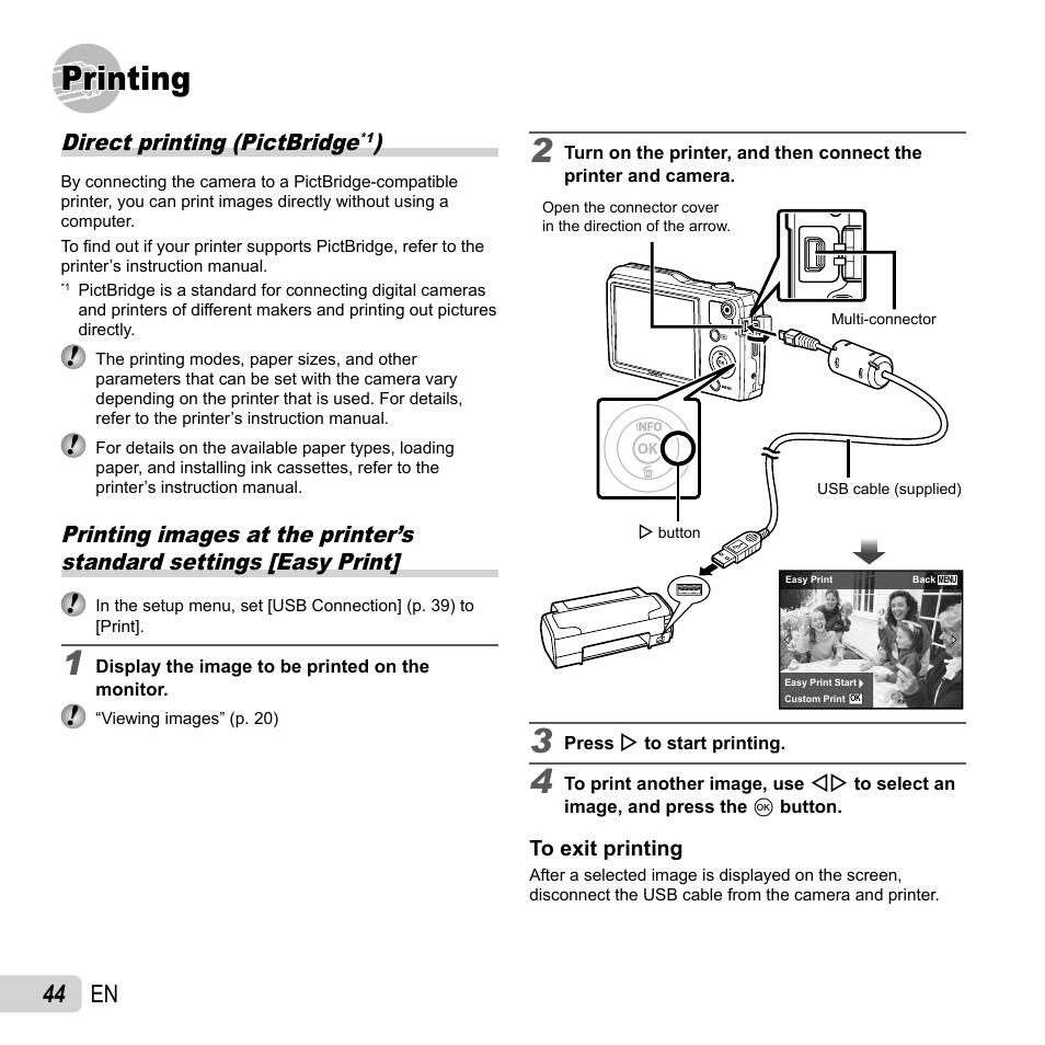 Printing, 44 en, Direct printing (pictbridge | Olympus VG-170 User Manual | Page 44 / 71