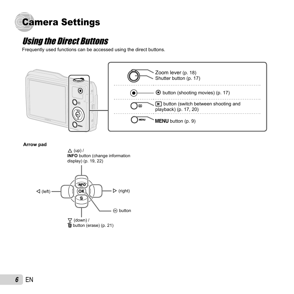 Camera settings, Using the direct buttons, 6 en | Olympus VG-170 User Manual | Page 6 / 71