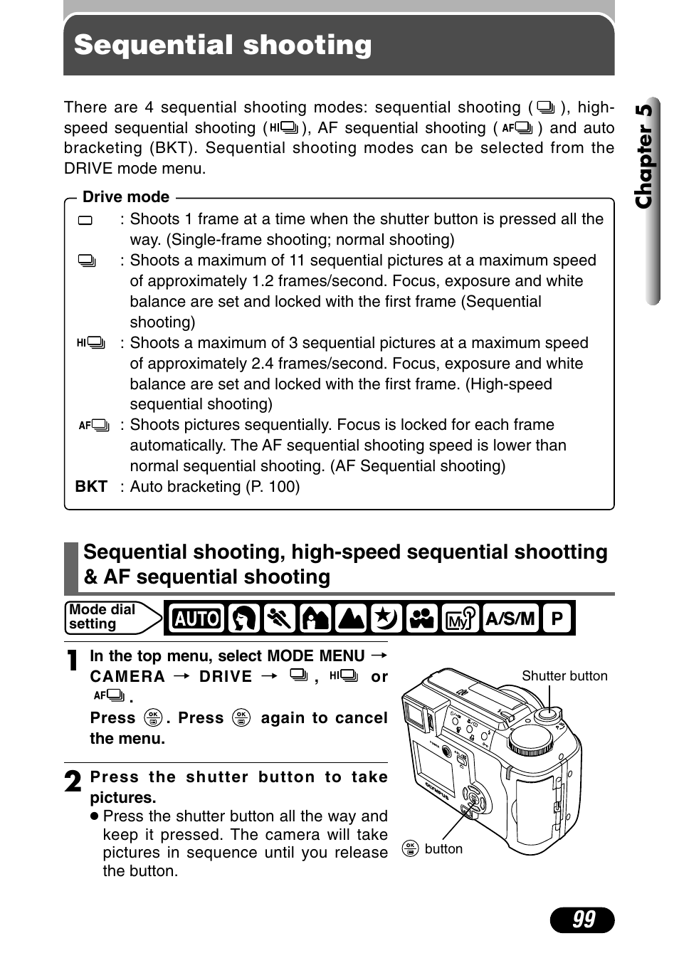 Sequential shooting, Af sequential shooting, Chapter 5 | Olympus C-730 Ultra Zoom User Manual | Page 100 / 266
