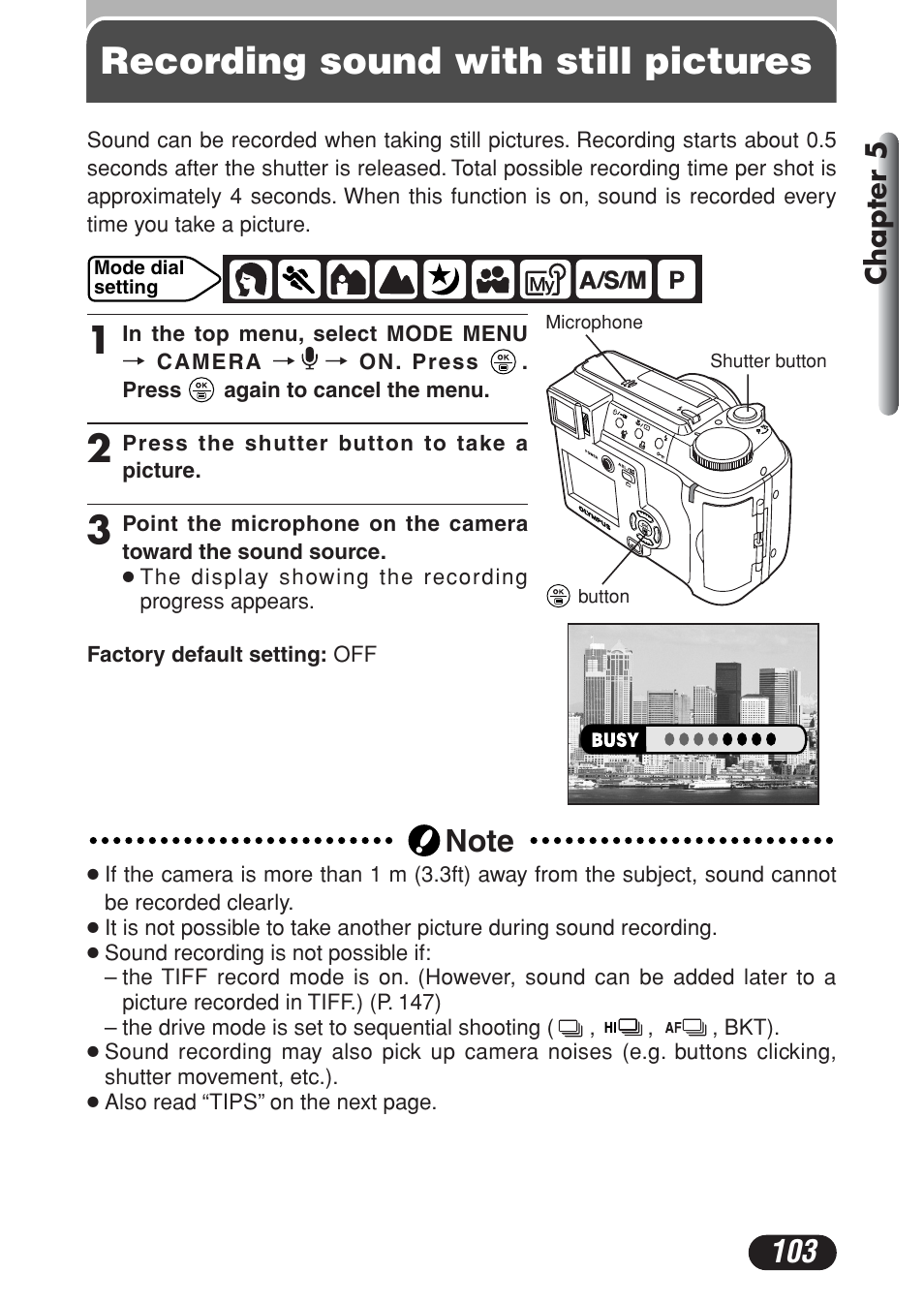 Recording sound with still pictures, Chapter 5 | Olympus C-730 Ultra Zoom User Manual | Page 104 / 266