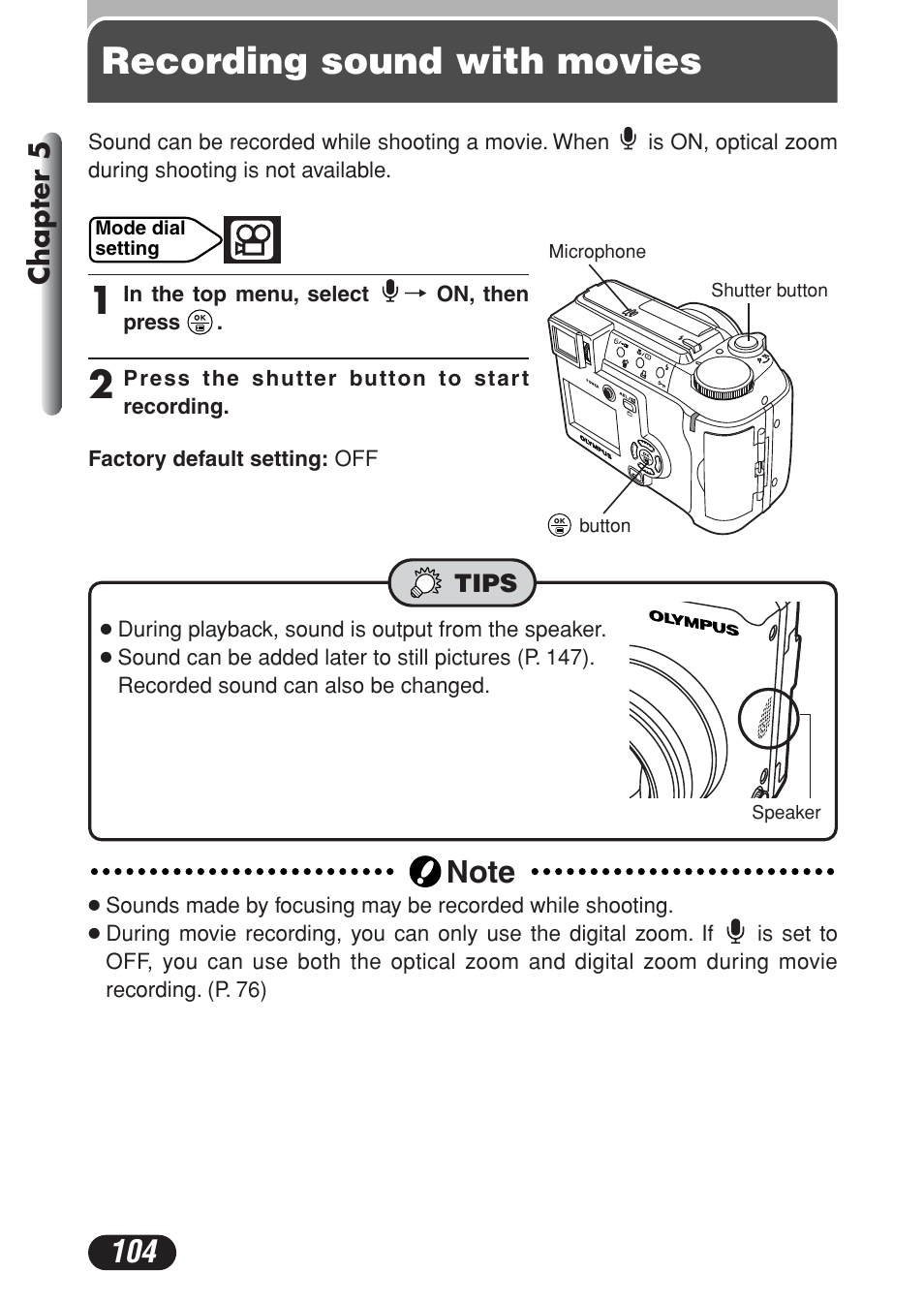 Recording sound with movies, Chapter 5 | Olympus C-730 Ultra Zoom User Manual | Page 105 / 266