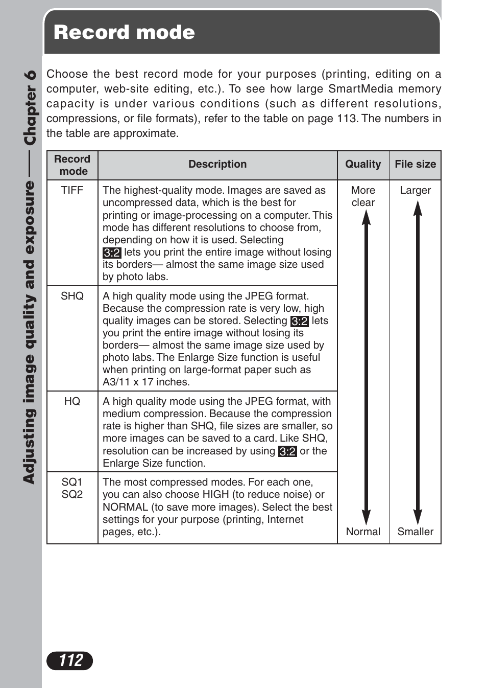 Chapter 6 adjusting image quality and exposure, Record mode, Chapter 6 | Adjusting image quality and exposure, P. 112, Adjusting image quality and exposure 112 | Olympus C-730 Ultra Zoom User Manual | Page 113 / 266