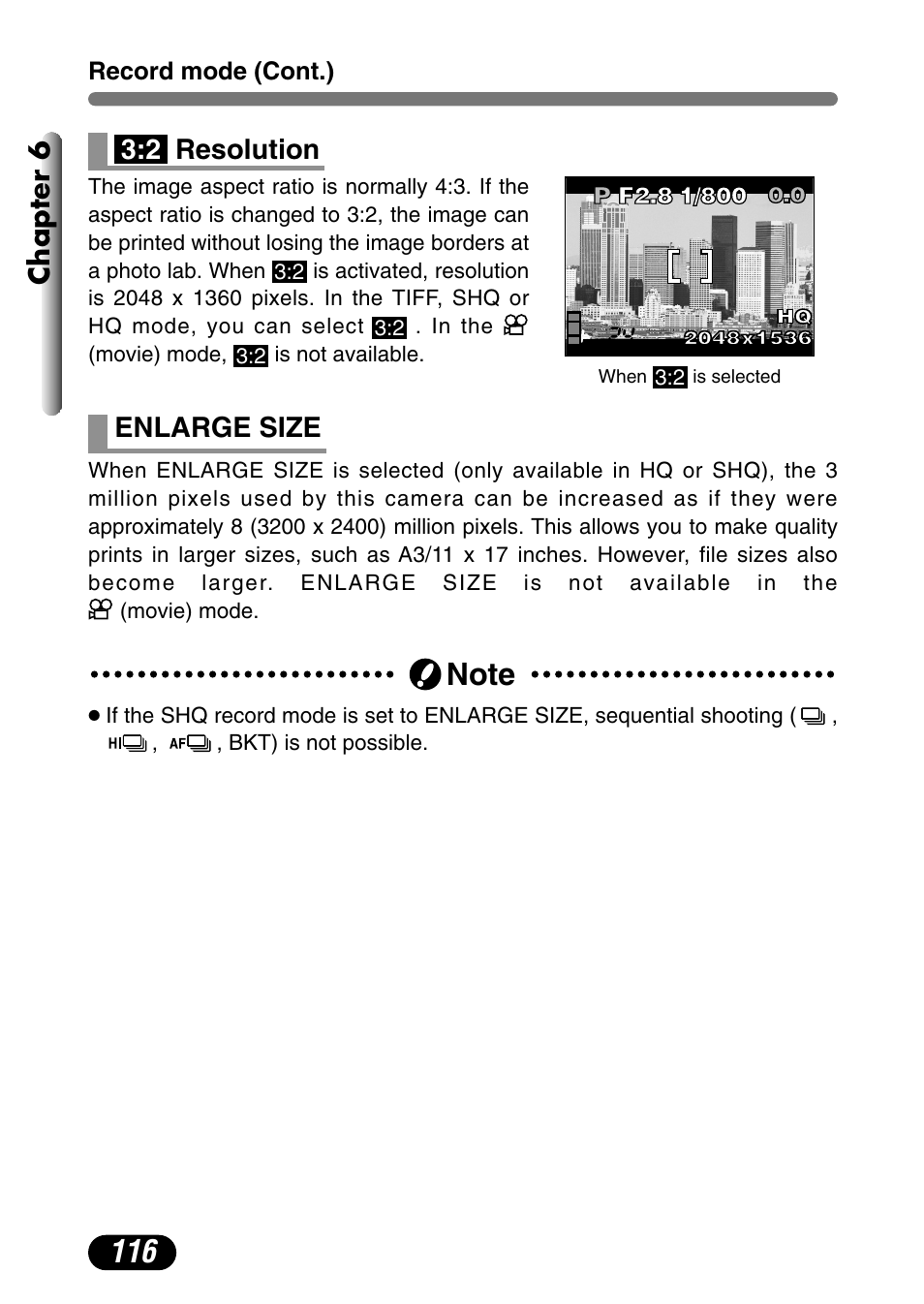Resolution, Enlarge size, Chapter 6 | Resolution 3:2 | Olympus C-730 Ultra Zoom User Manual | Page 117 / 266