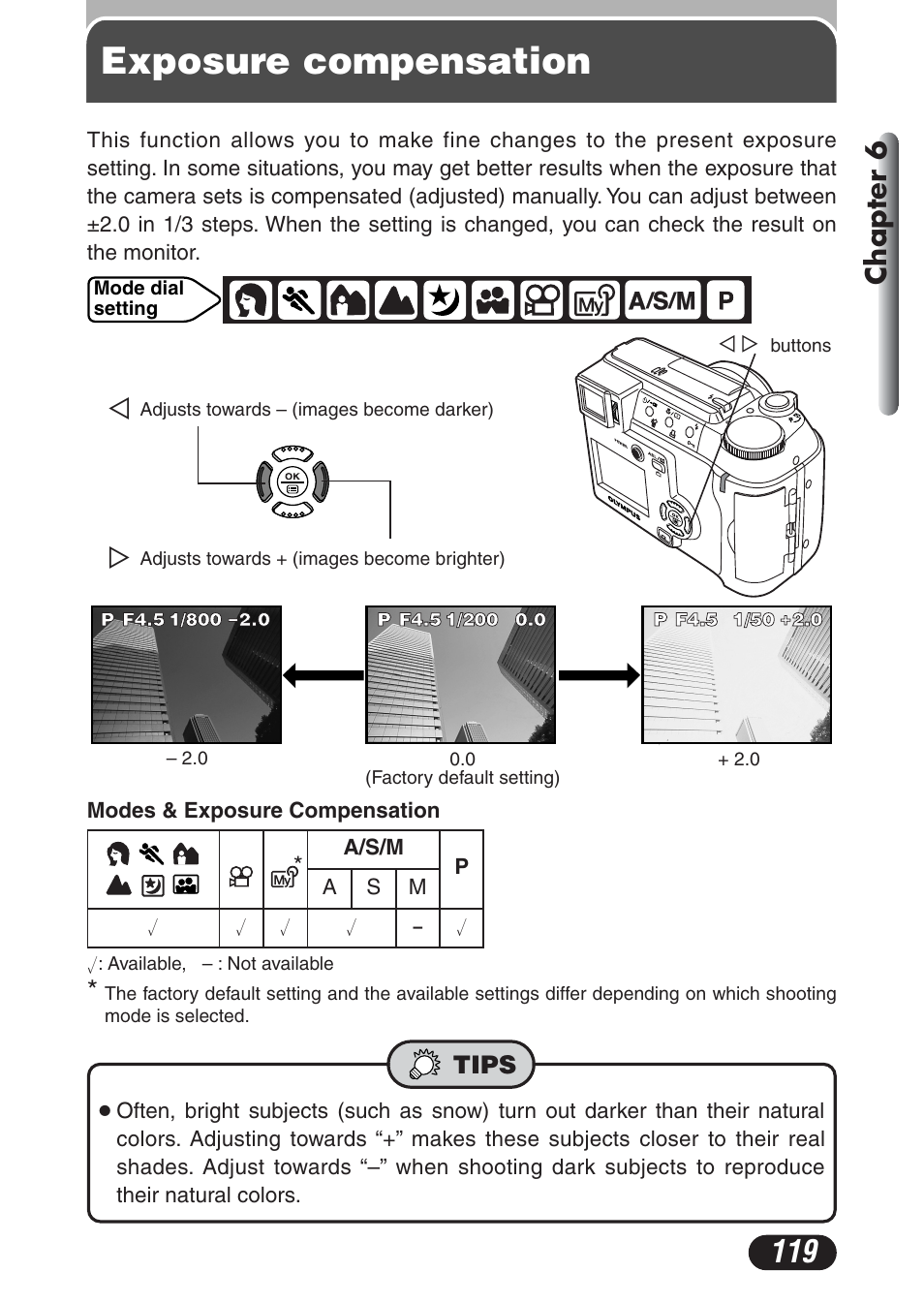 Exposure compensation, Chapter 6, Tips | Olympus C-730 Ultra Zoom User Manual | Page 120 / 266