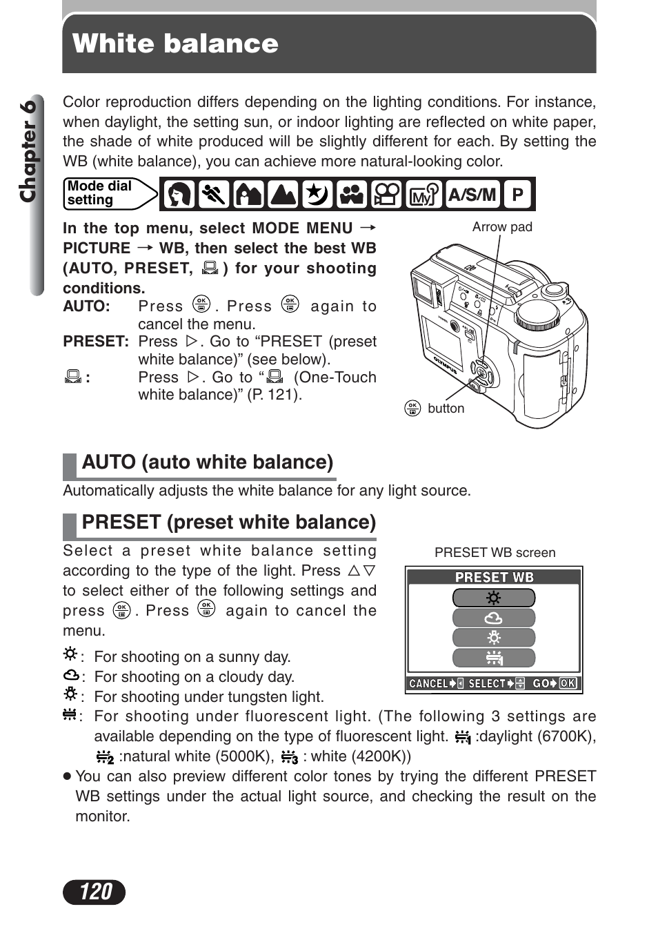 White balance, Chapter 6 | Olympus C-730 Ultra Zoom User Manual | Page 121 / 266