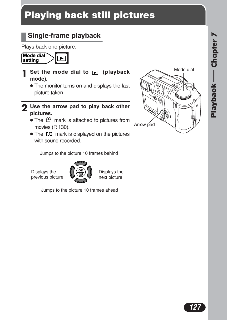 Chapter 7 playback, Playing back still pictures, Chapter 7 | Playback, P. 127, Single-frame playback, Playing back still pictures 1, Chapter 7chapter 7 playback | Olympus C-730 Ultra Zoom User Manual | Page 128 / 266