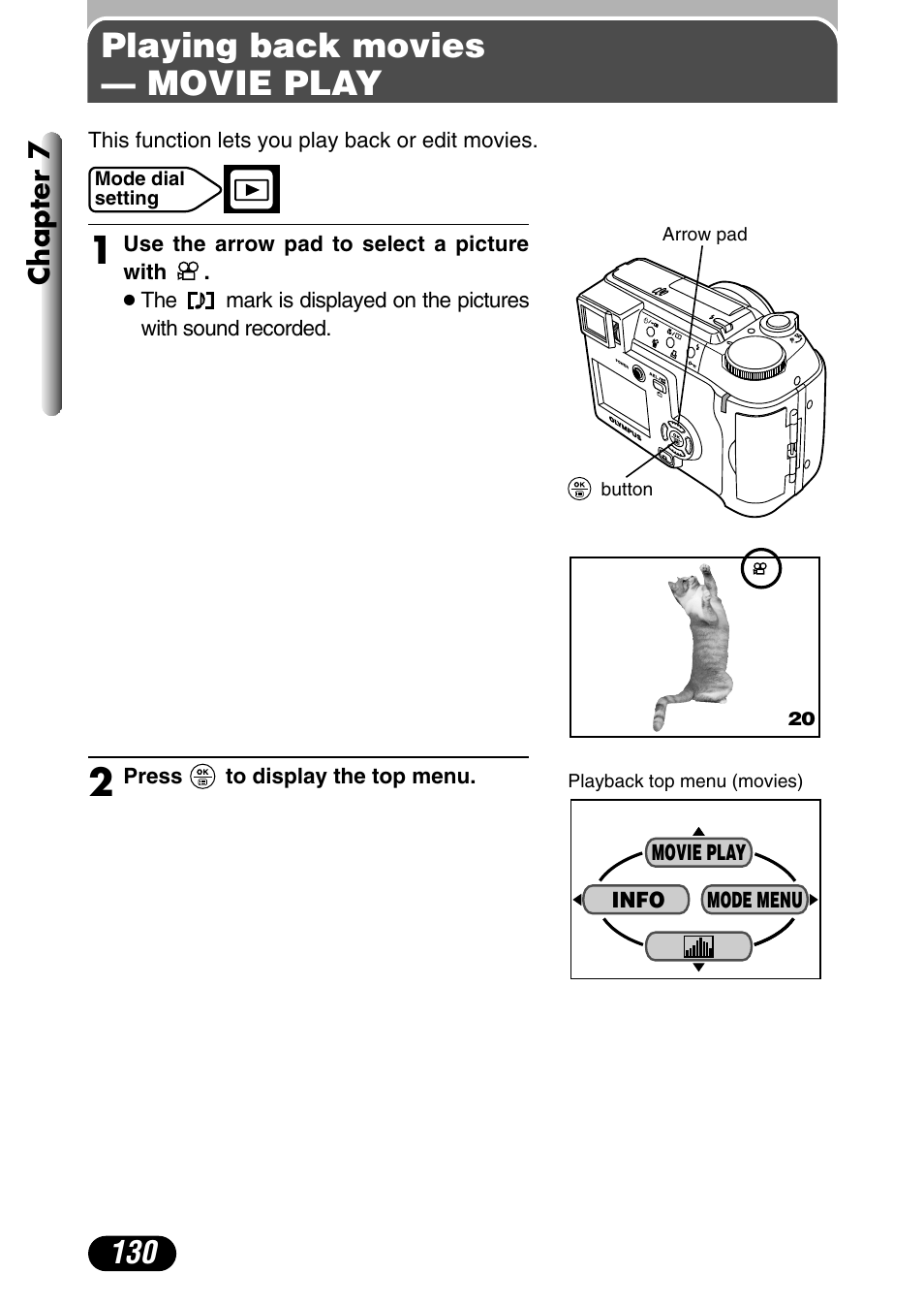 Playing back movies — movie play, Chapter 7 | Olympus C-730 Ultra Zoom User Manual | Page 131 / 266