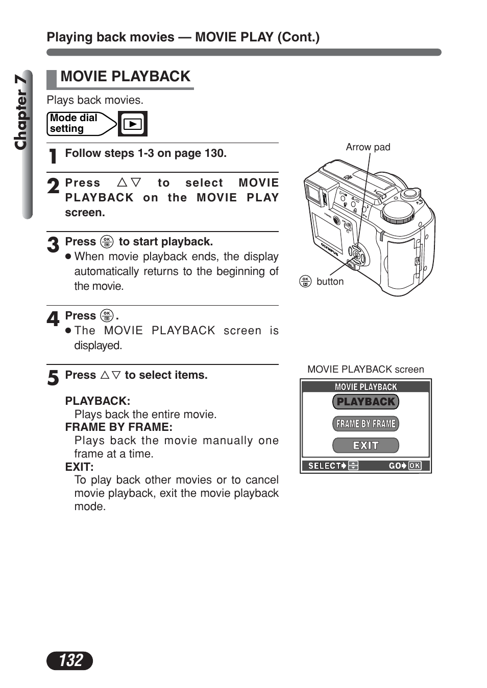 Movie playback, Chapter 7 | Olympus C-730 Ultra Zoom User Manual | Page 133 / 266