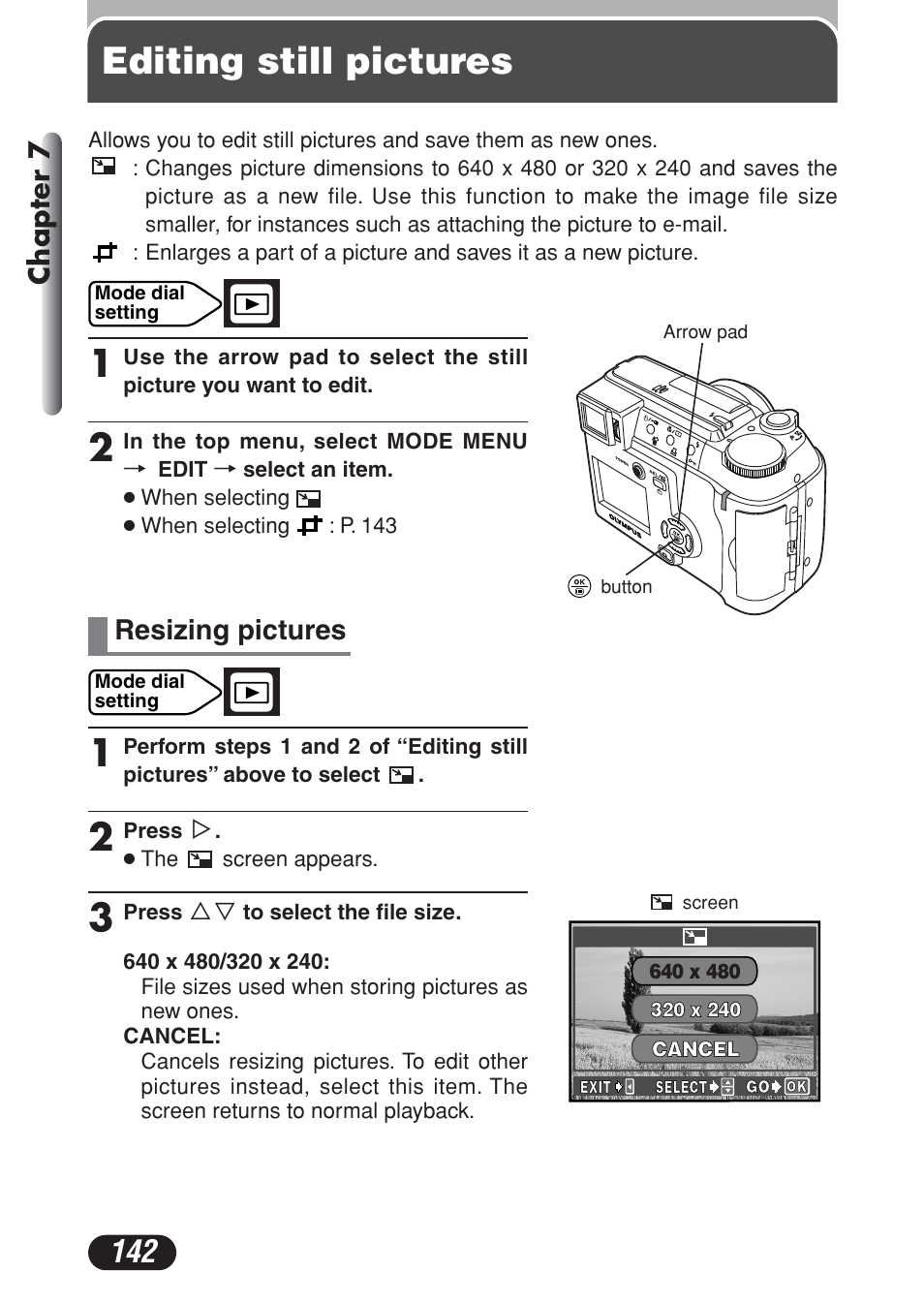 Editing still pictures, Resizing pictures, Chapter 7 | Olympus C-730 Ultra Zoom User Manual | Page 143 / 266