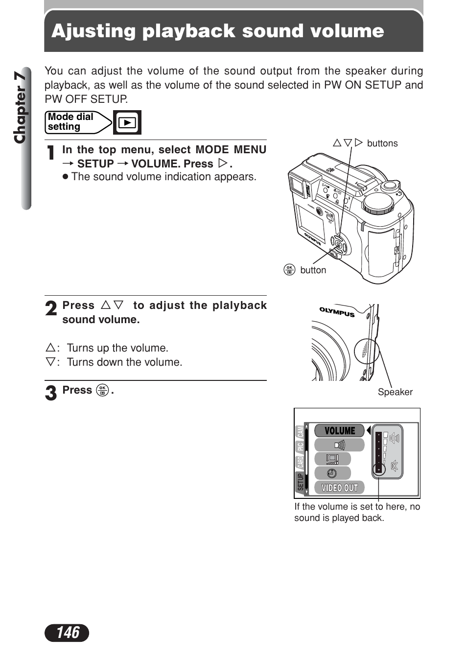 Ajusting playback sound volume, Chapter 7 | Olympus C-730 Ultra Zoom User Manual | Page 147 / 266