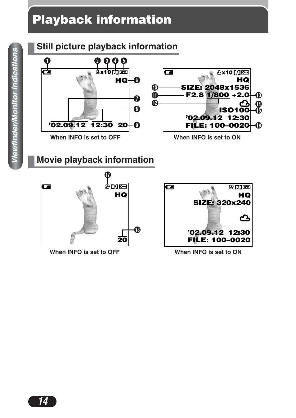 Playback information, Movie playback information, Still picture playback information | Olympus C-730 Ultra Zoom User Manual | Page 15 / 266