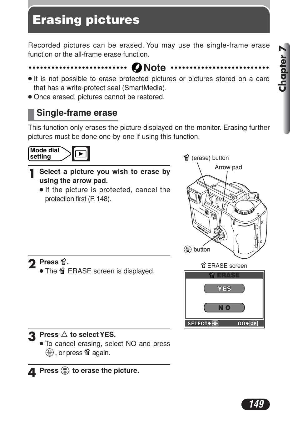 Erasing pictures, Single-frame erase, Chapter 7 | Olympus C-730 Ultra Zoom User Manual | Page 150 / 266