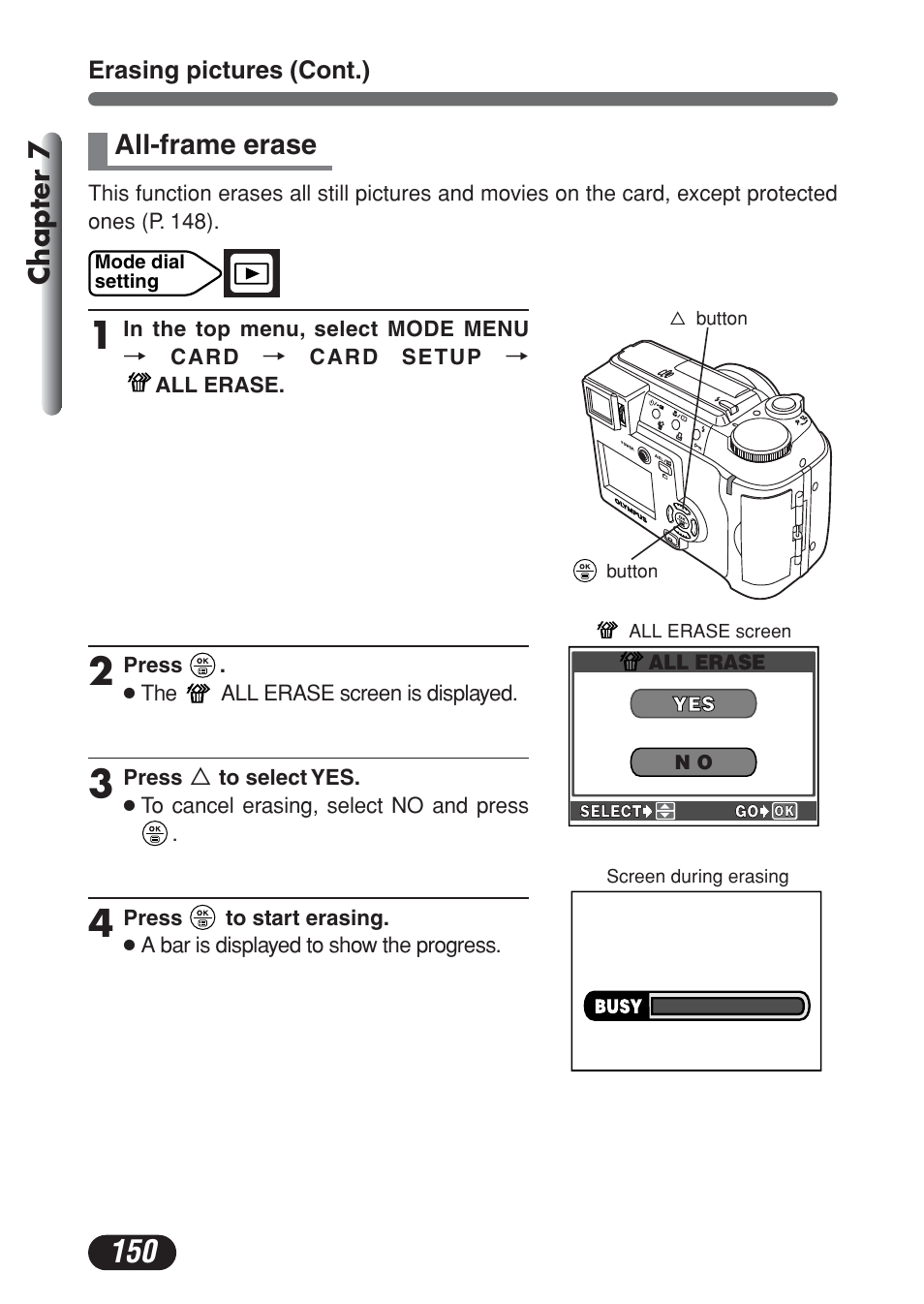 All-frame erase, Chapter 7 | Olympus C-730 Ultra Zoom User Manual | Page 151 / 266