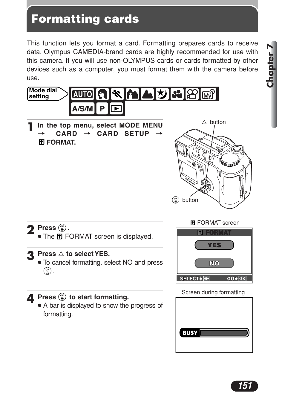 Formatting cards, Chapter 7 | Olympus C-730 Ultra Zoom User Manual | Page 152 / 266