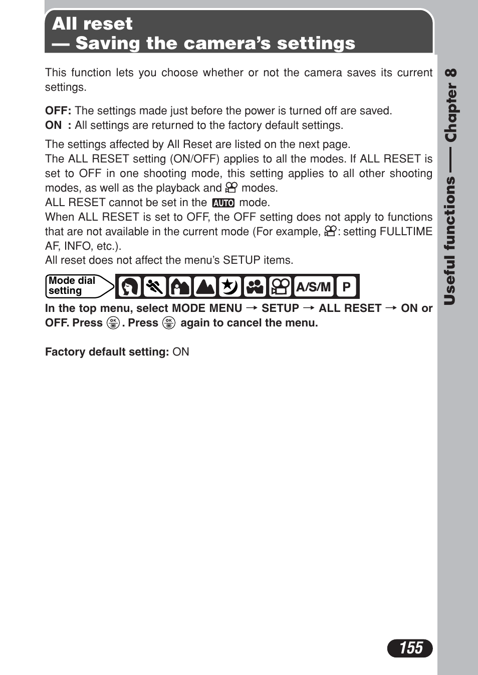 Chapter 8 useful functions, All reset — saving the camera’s settings, Chapter 8 | Useful functions, P. 155, Chapter 8chapter 8 useful functions | Olympus C-730 Ultra Zoom User Manual | Page 156 / 266