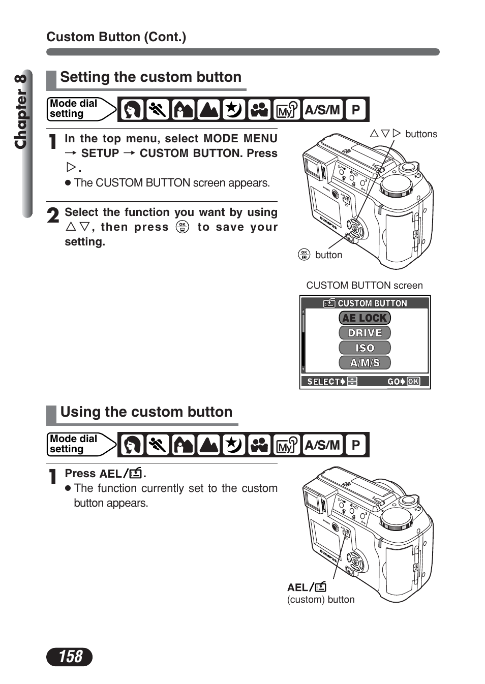 Setting the custom button using the custom button, Chapter 8, Setting the custom button | Using the custom button | Olympus C-730 Ultra Zoom User Manual | Page 159 / 266