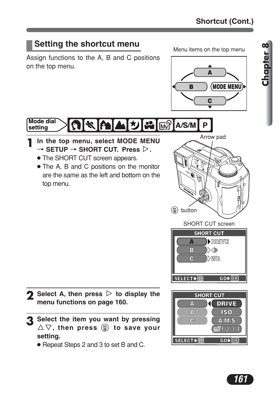 Setting the shortcut menu, Chapter 8 | Olympus C-730 Ultra Zoom User Manual | Page 162 / 266