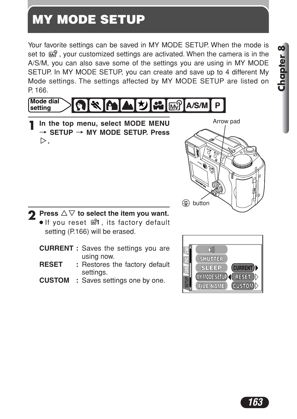 My mode setup, My mode setup 1, Chapter 8 | Olympus C-730 Ultra Zoom User Manual | Page 164 / 266