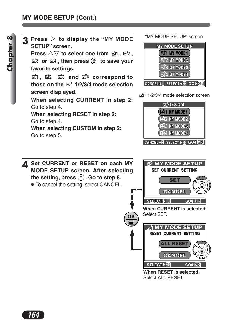 Chapter 8, My mode setup (cont.) | Olympus C-730 Ultra Zoom User Manual | Page 165 / 266