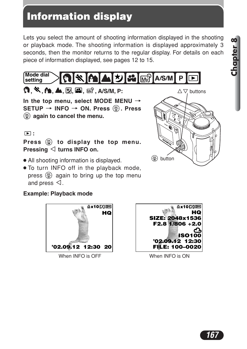 Information display, Chapter 8 | Olympus C-730 Ultra Zoom User Manual | Page 168 / 266