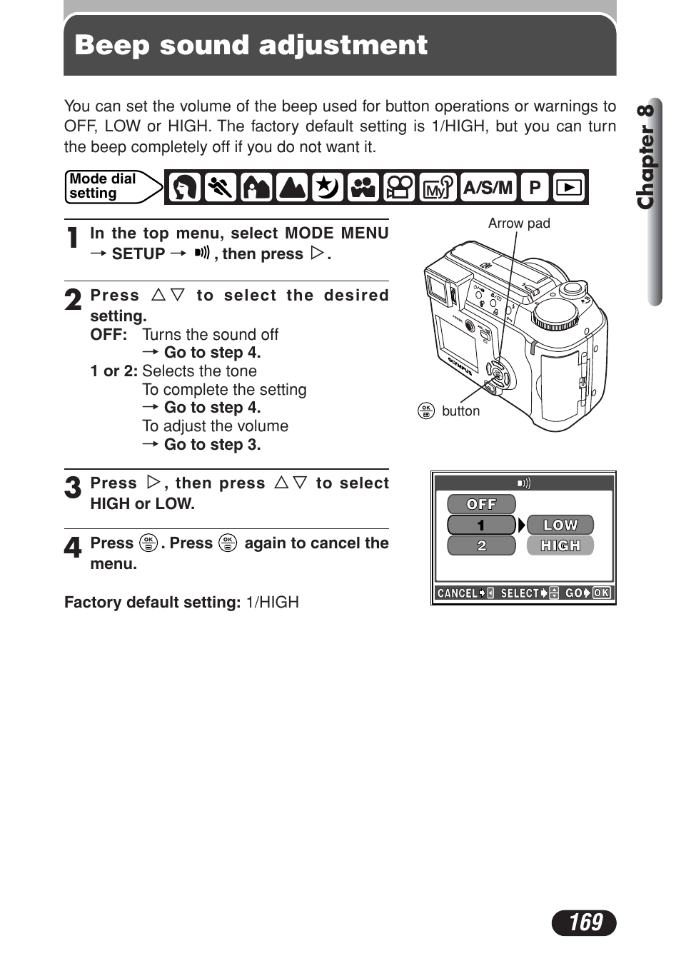 Beep sound adjustment, Chapter 8 | Olympus C-730 Ultra Zoom User Manual | Page 170 / 266