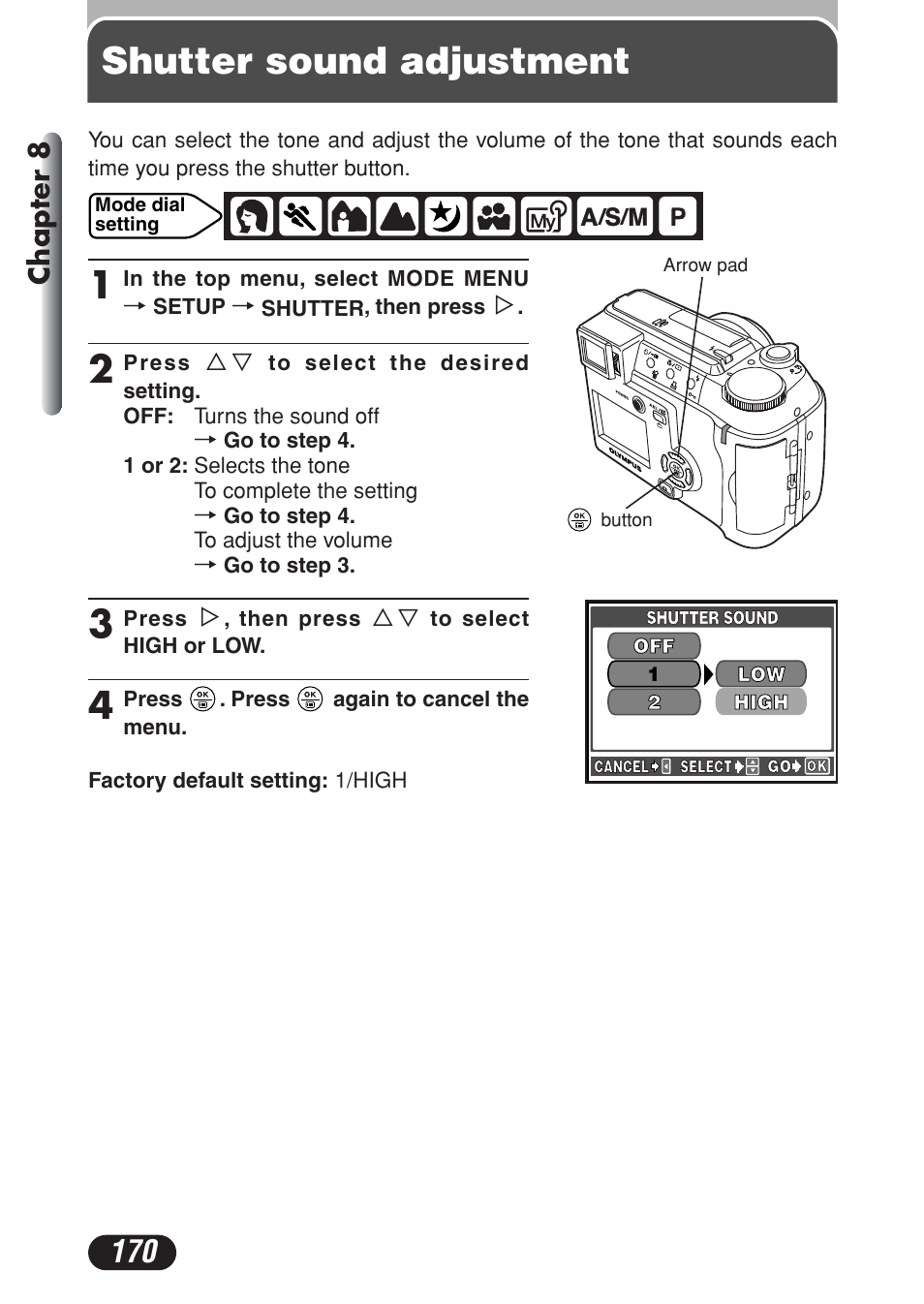 Shutter sound adjustment, Chapter 8 | Olympus C-730 Ultra Zoom User Manual | Page 171 / 266