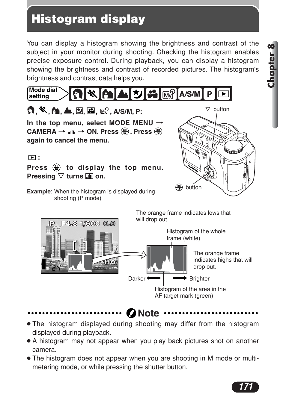 Histogram display, Chapter 8 | Olympus C-730 Ultra Zoom User Manual | Page 172 / 266