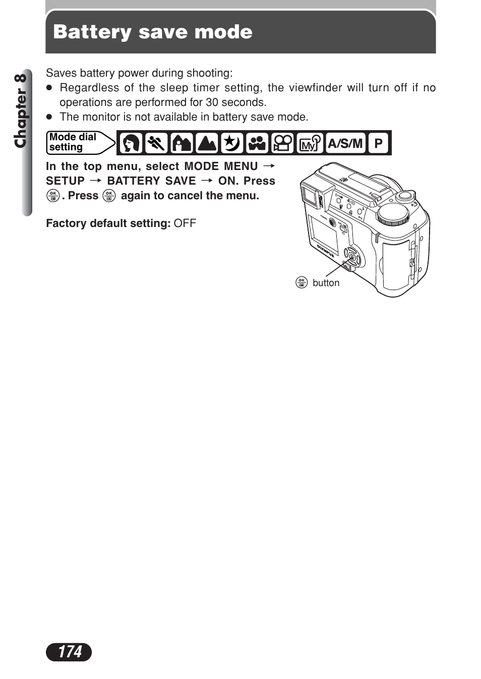 Battery save mode, Chapter 8 | Olympus C-730 Ultra Zoom User Manual | Page 175 / 266