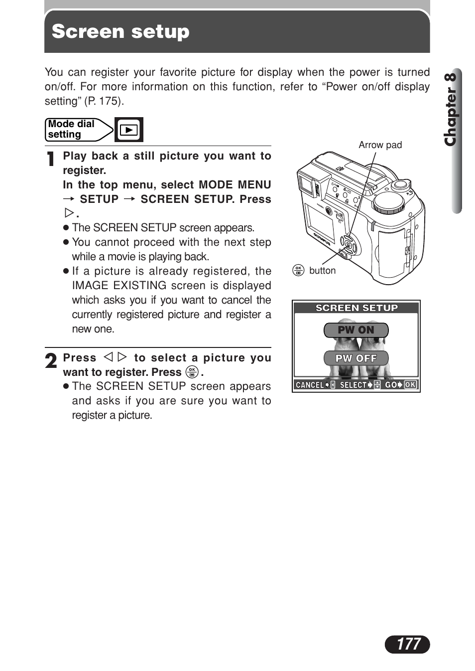 Screen setup, Chapter 8 | Olympus C-730 Ultra Zoom User Manual | Page 178 / 266