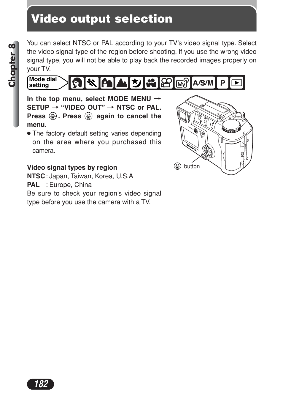 Video output selection, Chapter 8 | Olympus C-730 Ultra Zoom User Manual | Page 183 / 266