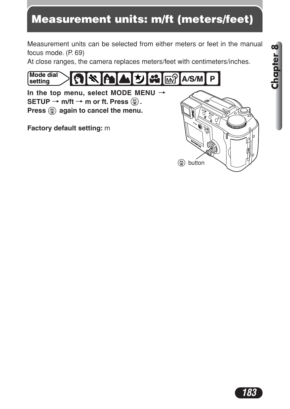 Measurement units: m/ft (meters/feet), Chapter 8 | Olympus C-730 Ultra Zoom User Manual | Page 184 / 266