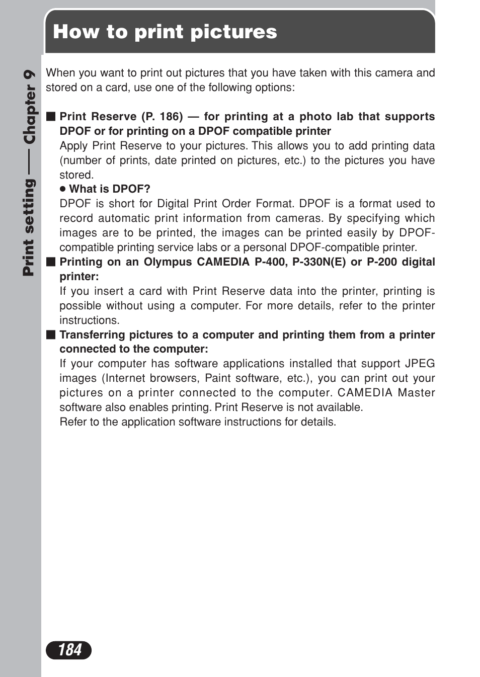 Chapter 9 print setting, How to print pictures, Chapter 9 | Print setting, P. 184 | Olympus C-730 Ultra Zoom User Manual | Page 185 / 266