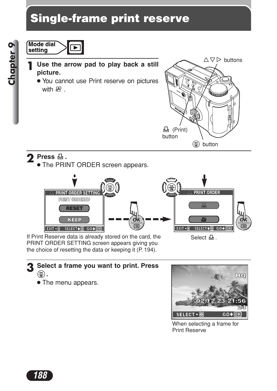 Single-frame print reserve, Chapter 9 | Olympus C-730 Ultra Zoom User Manual | Page 189 / 266
