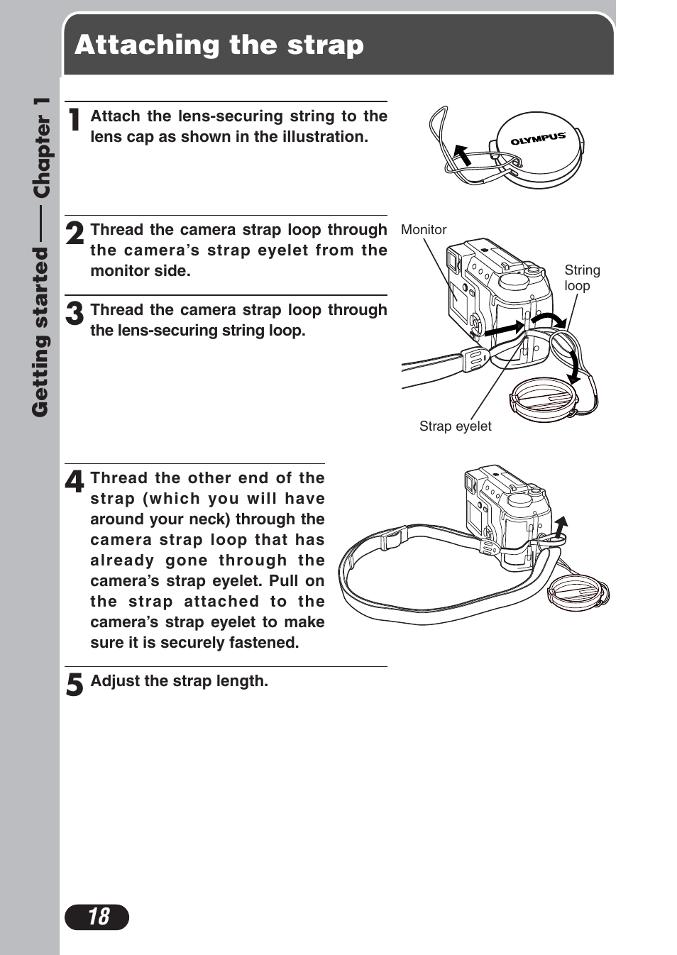 Chapter 1 getting started, Attaching the strap, Chapter 1 | Getting started, P. 18 | Olympus C-730 Ultra Zoom User Manual | Page 19 / 266