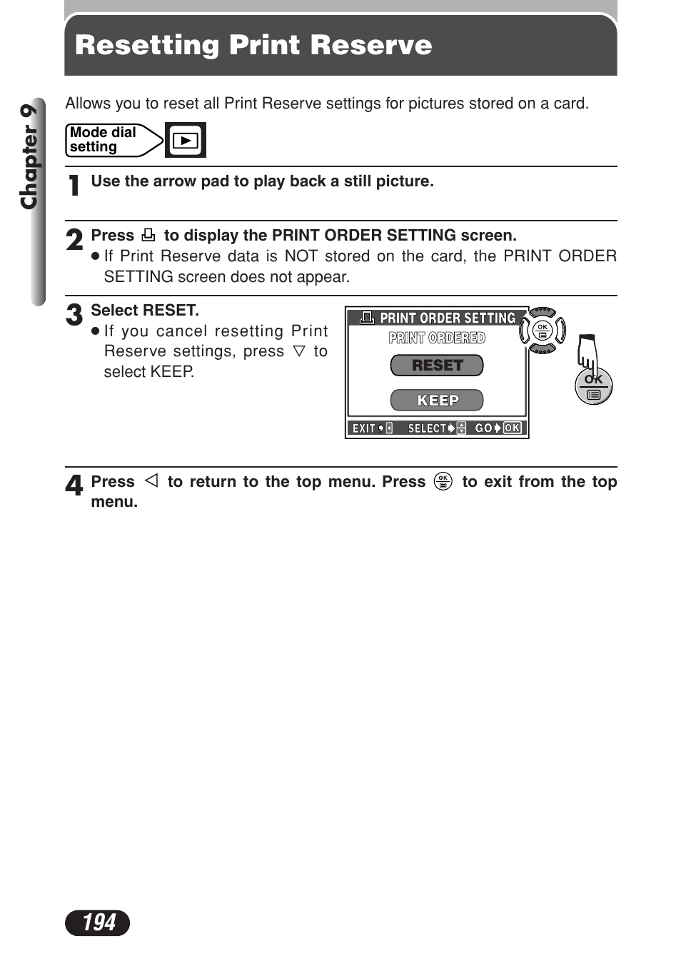 Resetting print reserve, Chapter 9 | Olympus C-730 Ultra Zoom User Manual | Page 195 / 266