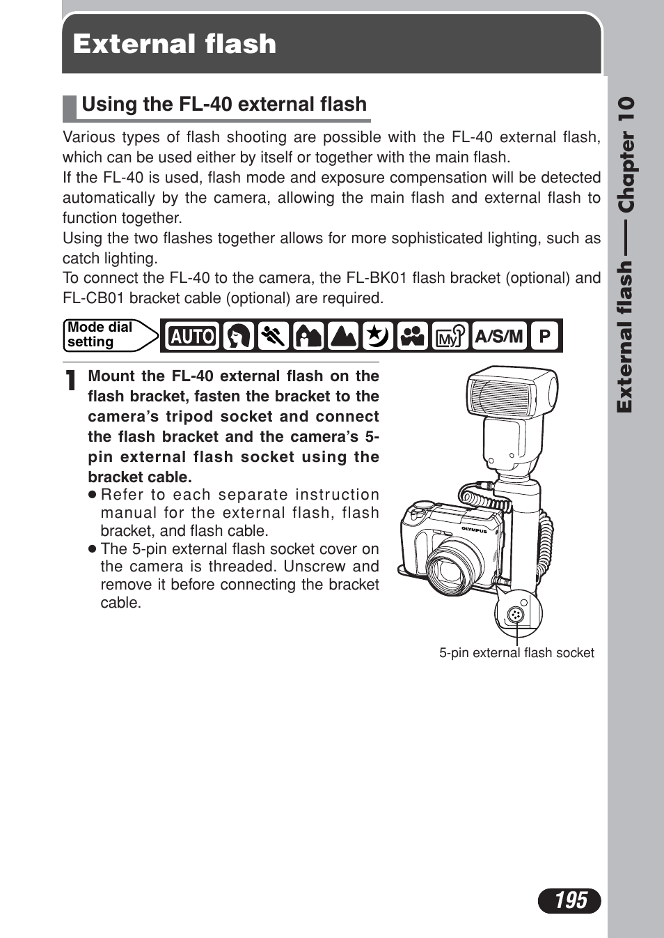 Chapter 10 external flash, External flash, Chapter 10 | P. 195, Using the fl-40 external flash | Olympus C-730 Ultra Zoom User Manual | Page 196 / 266