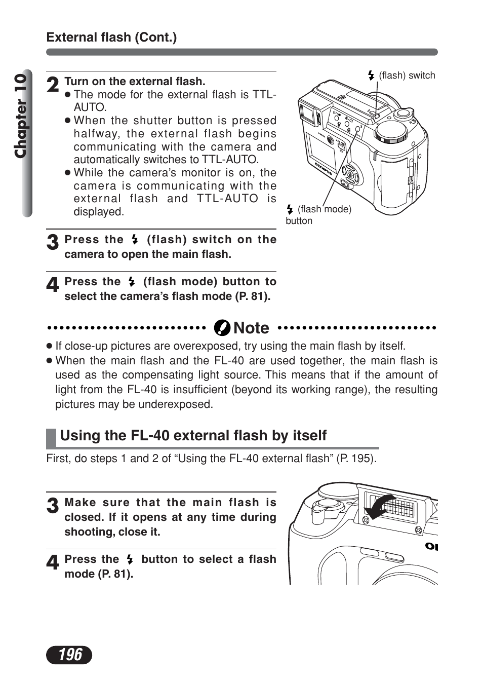 Using the fl-40 external flash by itself | Olympus C-730 Ultra Zoom User Manual | Page 197 / 266