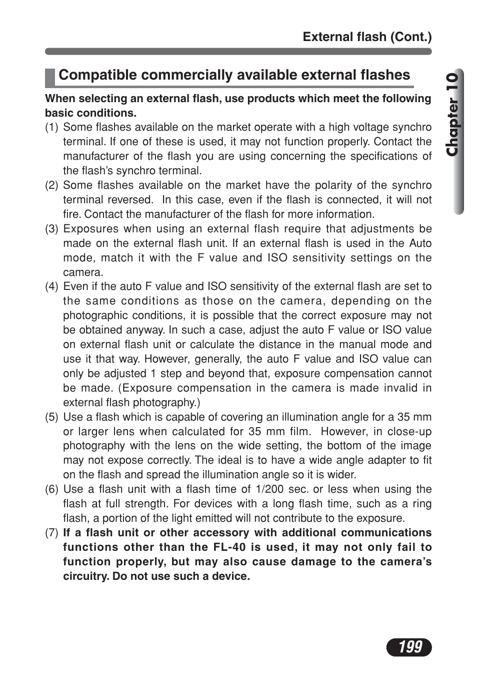 Compatible commercially available external flashes, Chapter 10 | Olympus C-730 Ultra Zoom User Manual | Page 200 / 266