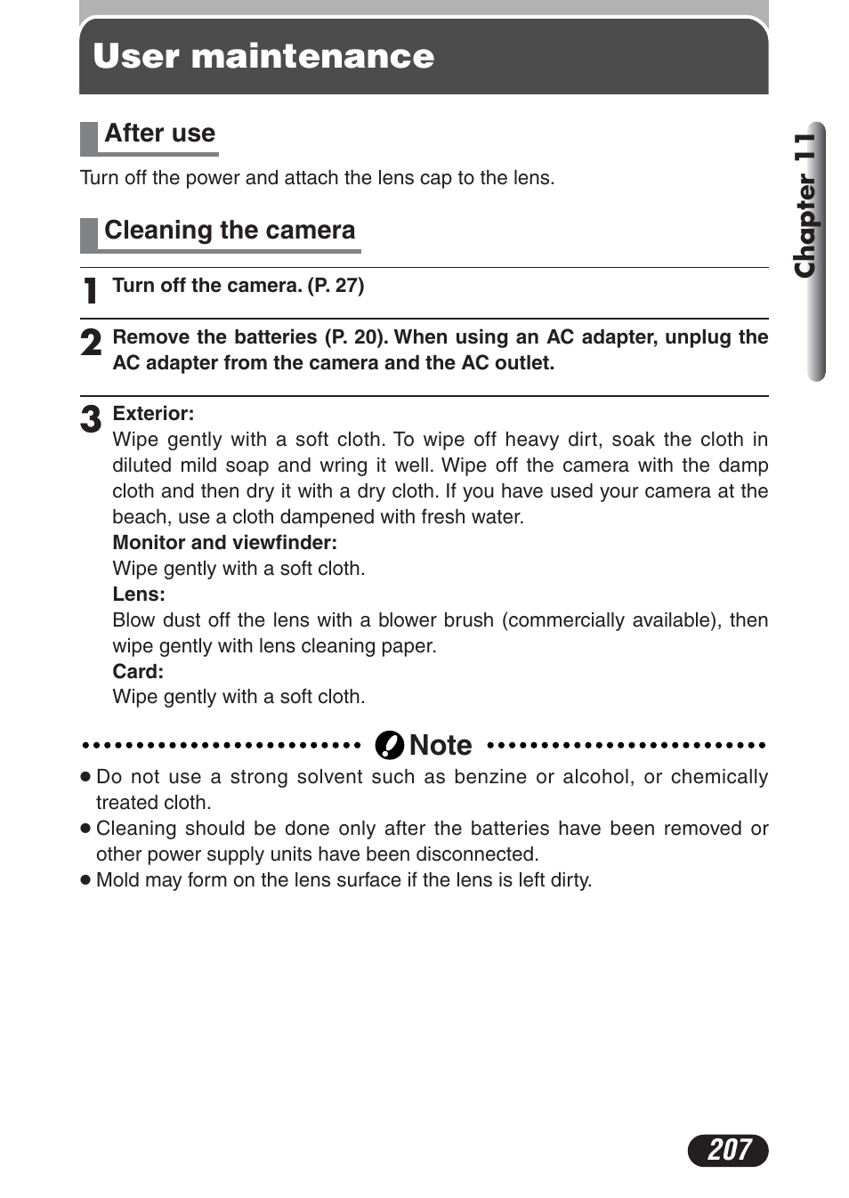 User maintenance, After use cleaning the camera | Olympus C-730 Ultra Zoom User Manual | Page 208 / 266