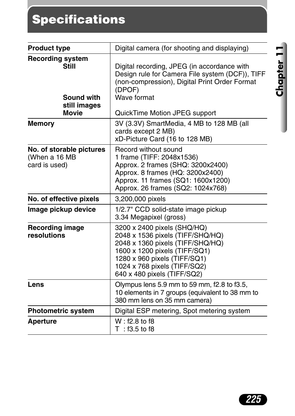 Specifications, Chapter 11 | Olympus C-730 Ultra Zoom User Manual | Page 226 / 266