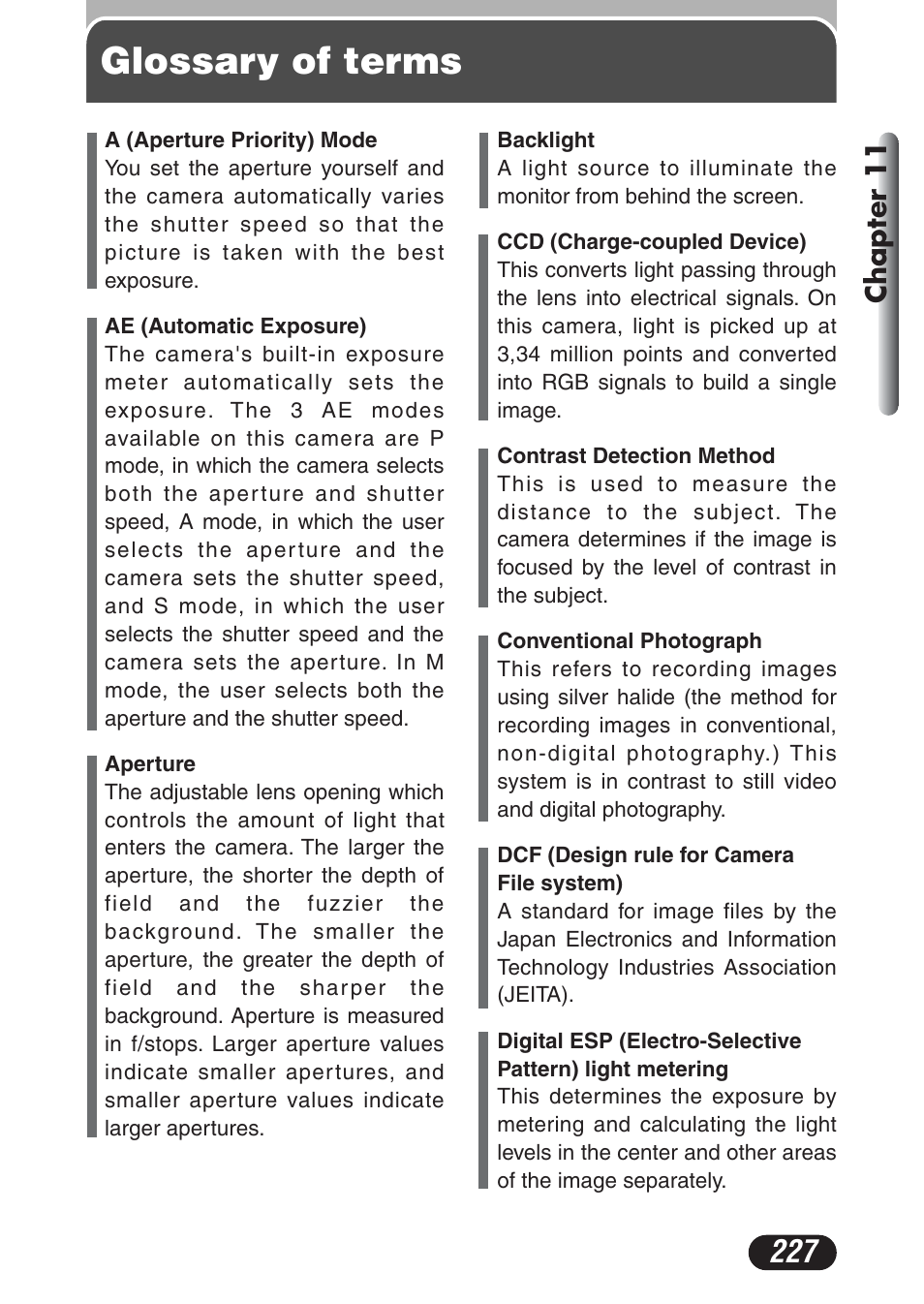 Glossary of terms, Chapter 11 | Olympus C-730 Ultra Zoom User Manual | Page 228 / 266