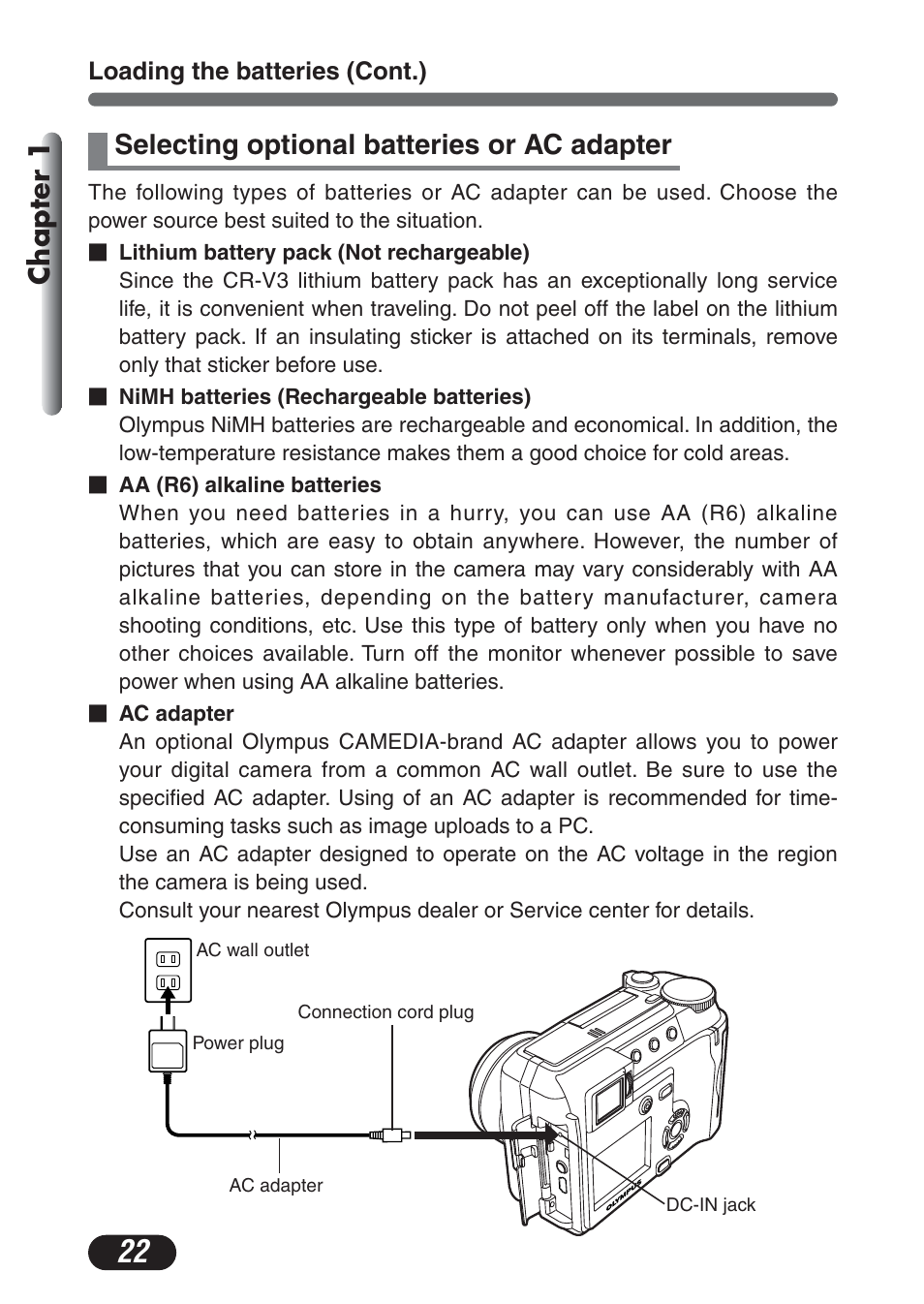 Selecting optional batteries or ac adapter, Chapter 1 | Olympus C-730 Ultra Zoom User Manual | Page 23 / 266