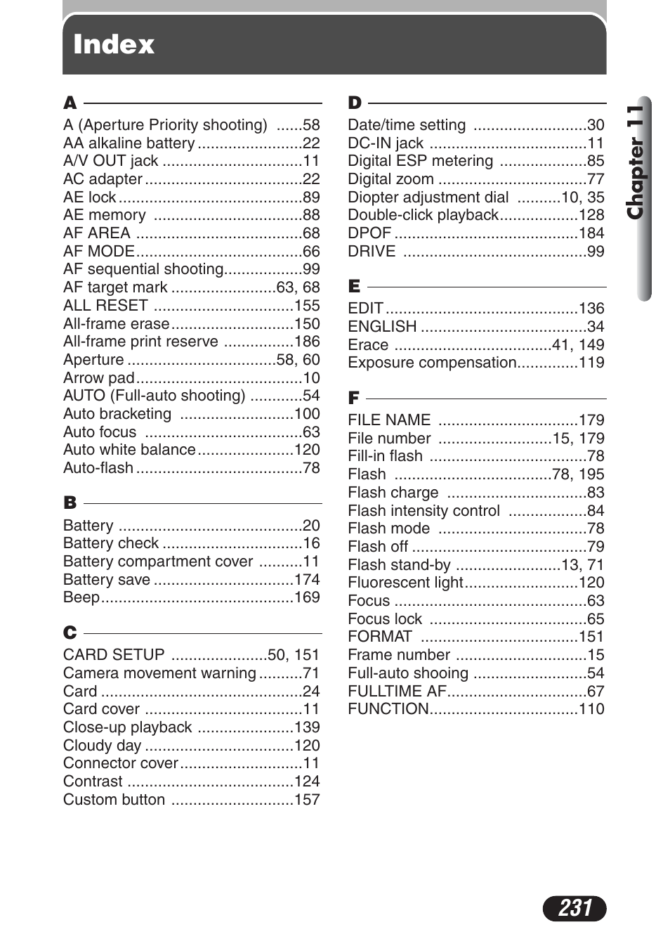 Index | Olympus C-730 Ultra Zoom User Manual | Page 232 / 266