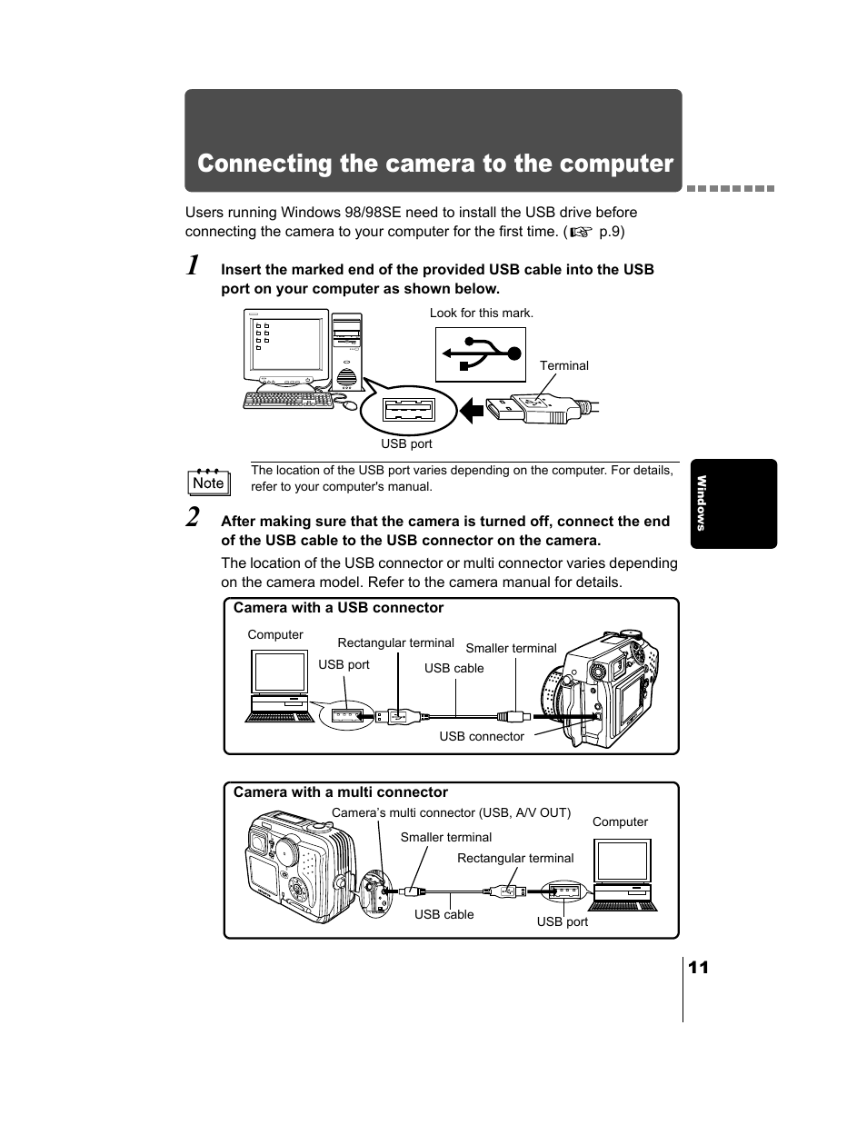 Connecting the camera to the computer, Windows p.11, mac p.24), P.11 | Olympus C-730 Ultra Zoom User Manual | Page 245 / 266