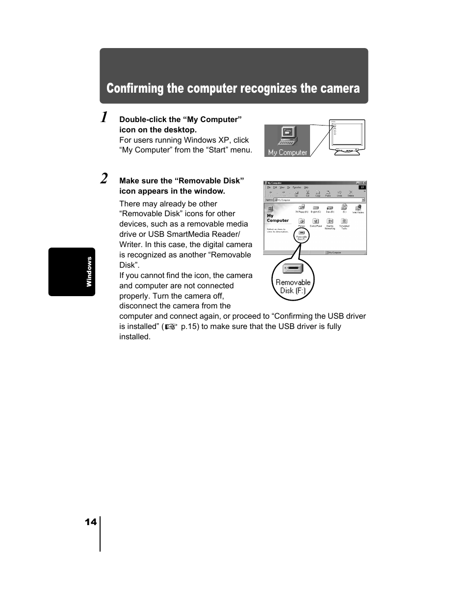 Confirming the computer recognizes the camera, The camera (p.14) | Olympus C-730 Ultra Zoom User Manual | Page 248 / 266
