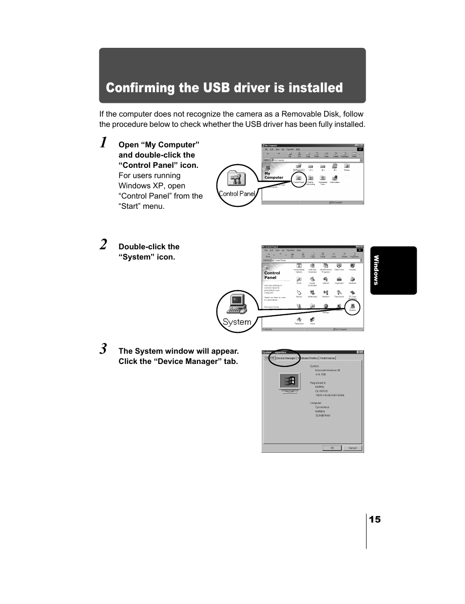 Confirming the usb driver is installed | Olympus C-730 Ultra Zoom User Manual | Page 249 / 266