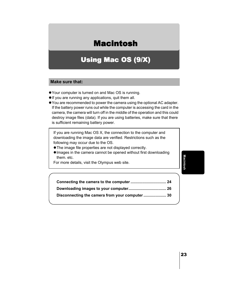 Macintosh, Macintosh (os 9/x), P.23 | Using mac os (9/x) | Olympus C-730 Ultra Zoom User Manual | Page 257 / 266