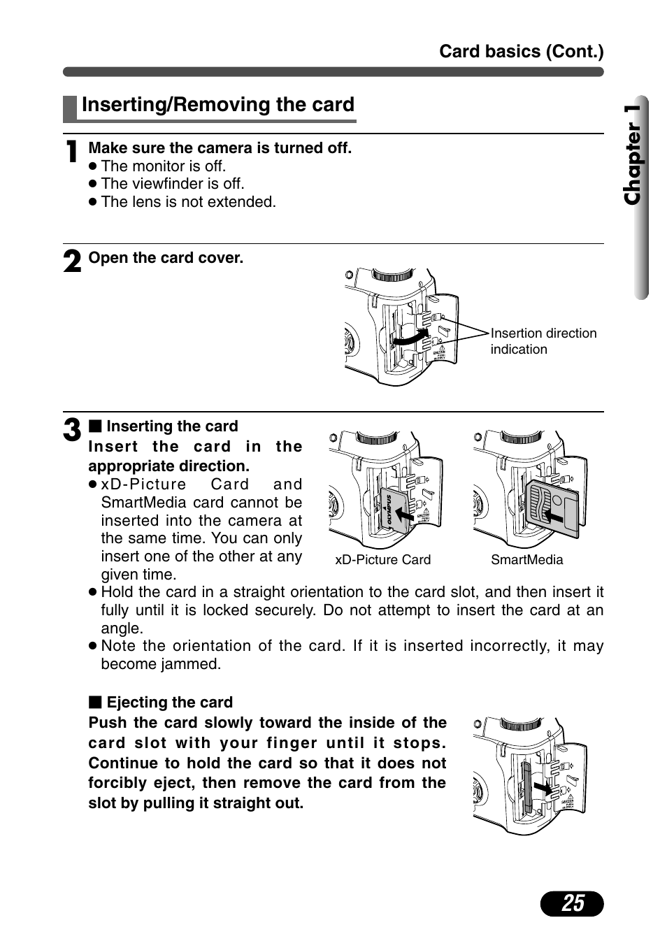Inserting/removing the card | Olympus C-730 Ultra Zoom User Manual | Page 26 / 266